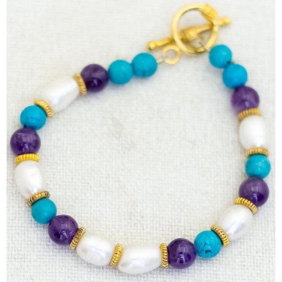 7 inch, Vintage Multiple Elegant Stone, Glass & Pearl Beads Beaded Bracelet - P1 - Picture 2 of 3